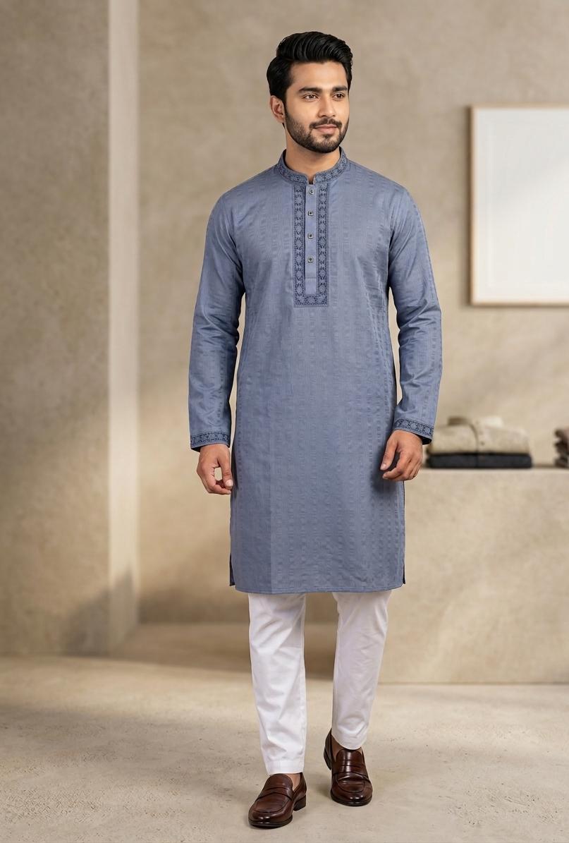 মার্জিত স্ল্যাট ব্লু টেক্সচার্ড কটন এমব্রয়ডারি পাঞ্জাবি